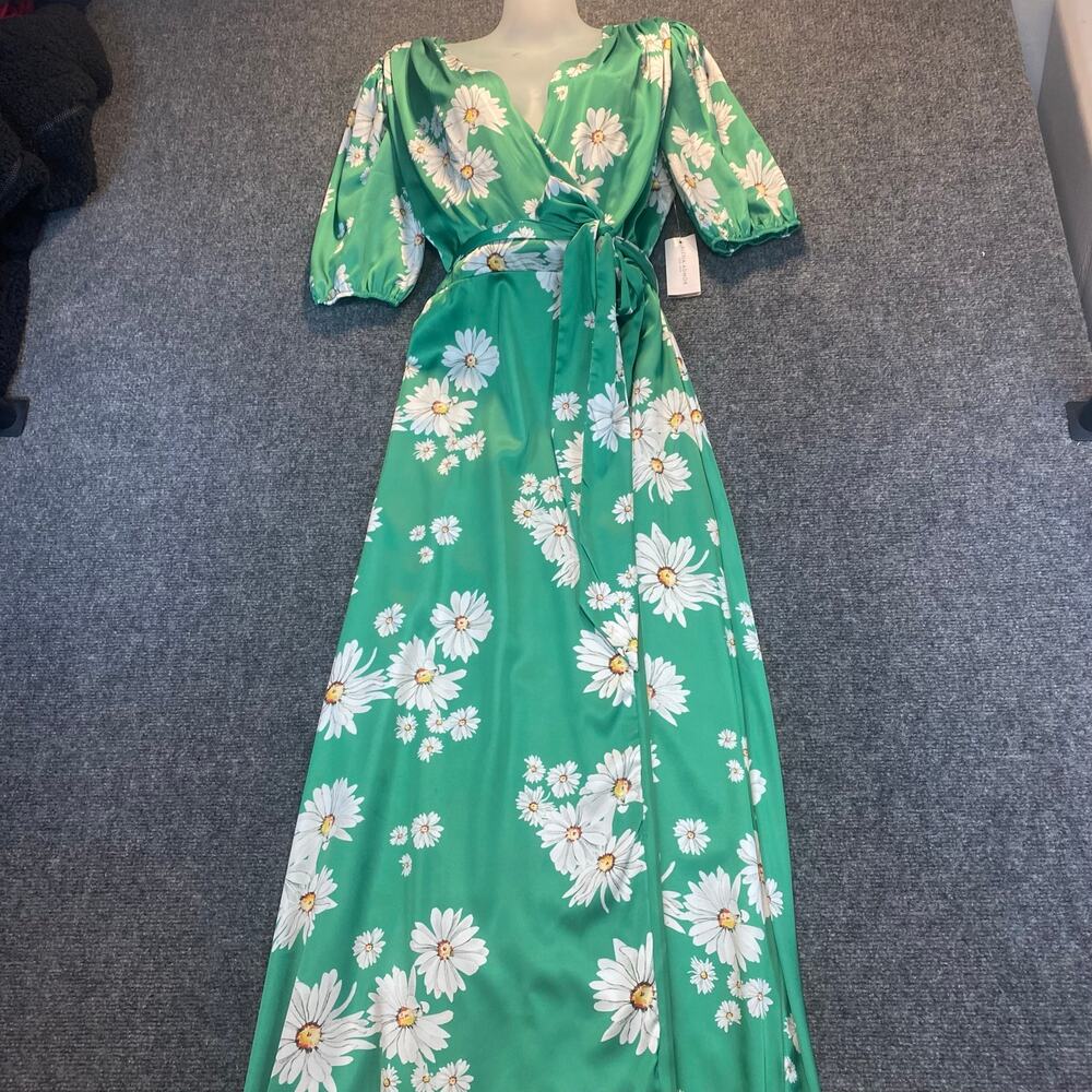 Brand New Alexia Admor Womens 10 Green Daisy Print Satin Maxi Wrap Dress